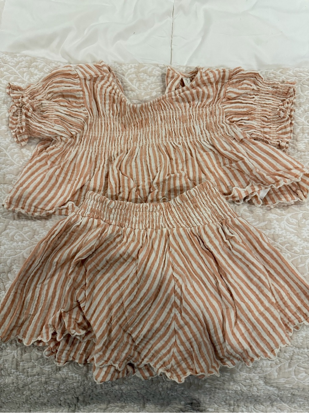 Rylee & Cru Striped Smocked Two-Piece Set - Peach & White